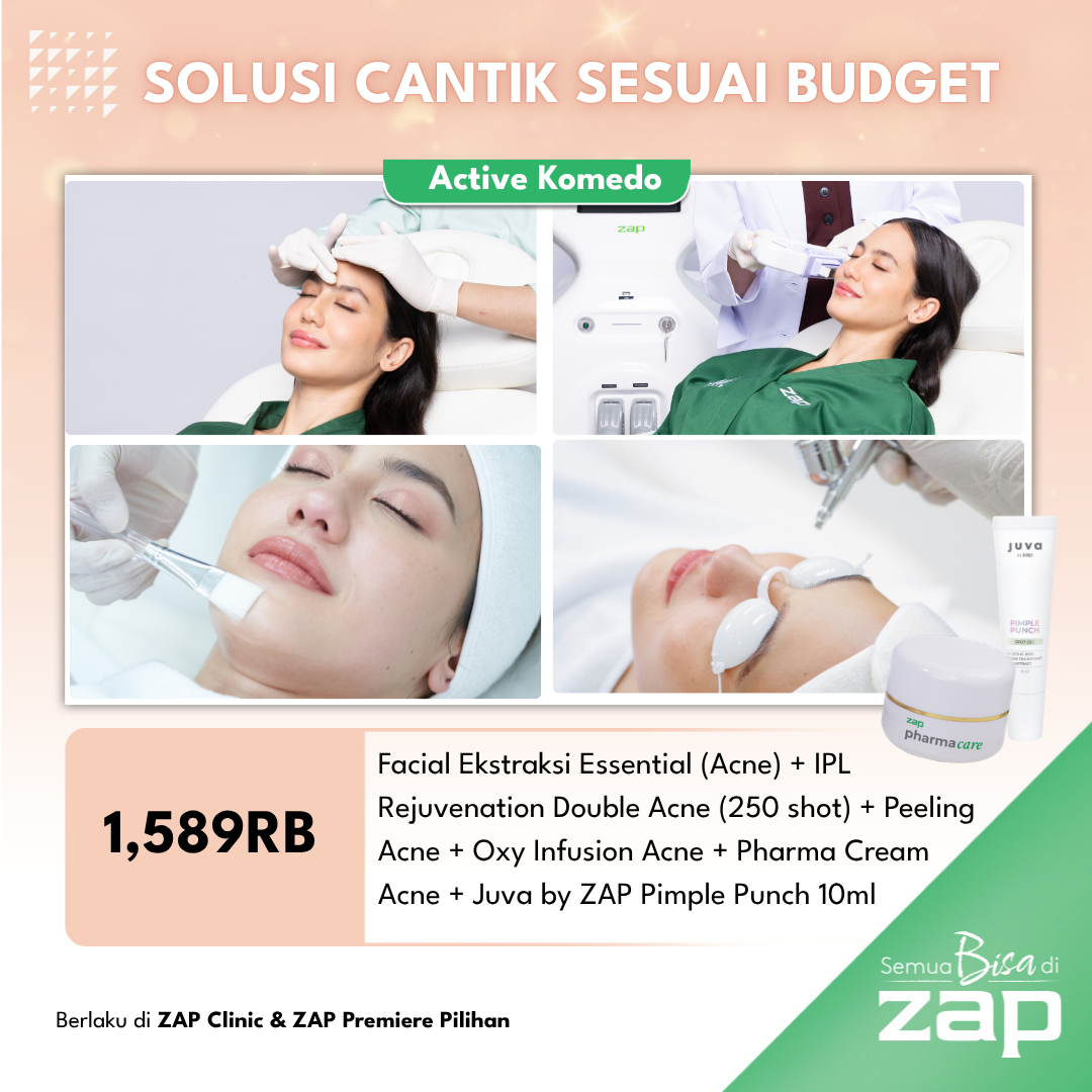 Facial Ekstraksi Essential (Acne) + IPL Rejuvenation Double Acne (250 shot) + Peeling Acne + Oxy Infusion Acne + Pharma Cream Acne + Juva by ZAP Pimple Punch 10ml