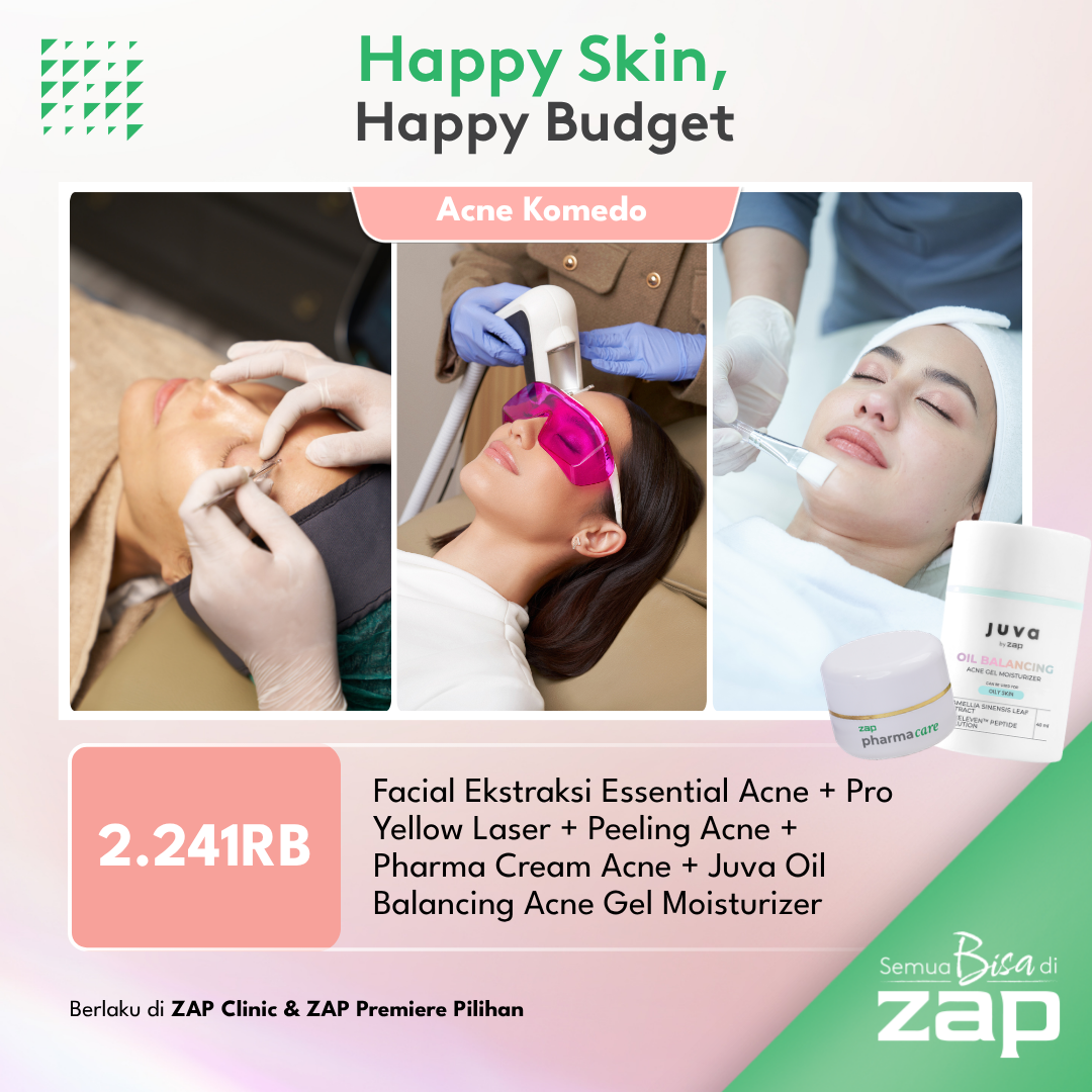 Facial Ekstraksi Essential Acne + Pro Yellow Laser + Peeling Acne + Pharma Cream Acne + Juva Oil Balancing Acne Gel Moisturizer
