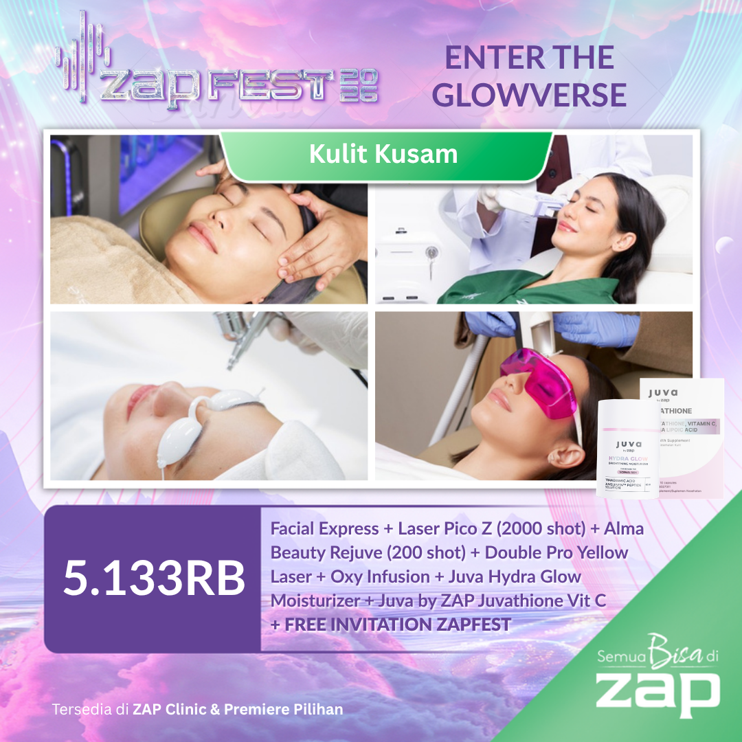 Facial Express + Laser Pico Z (2000 shot) + Oxy Infusion + Alma Beauty Rejuve (200 shot) + Double Pro Yellow Laser + Oxy Infusion + Juva Hydra Glow Moisturizer + Juva by ZAP Juvathione Vit C + Free Invitation ZAP Fest